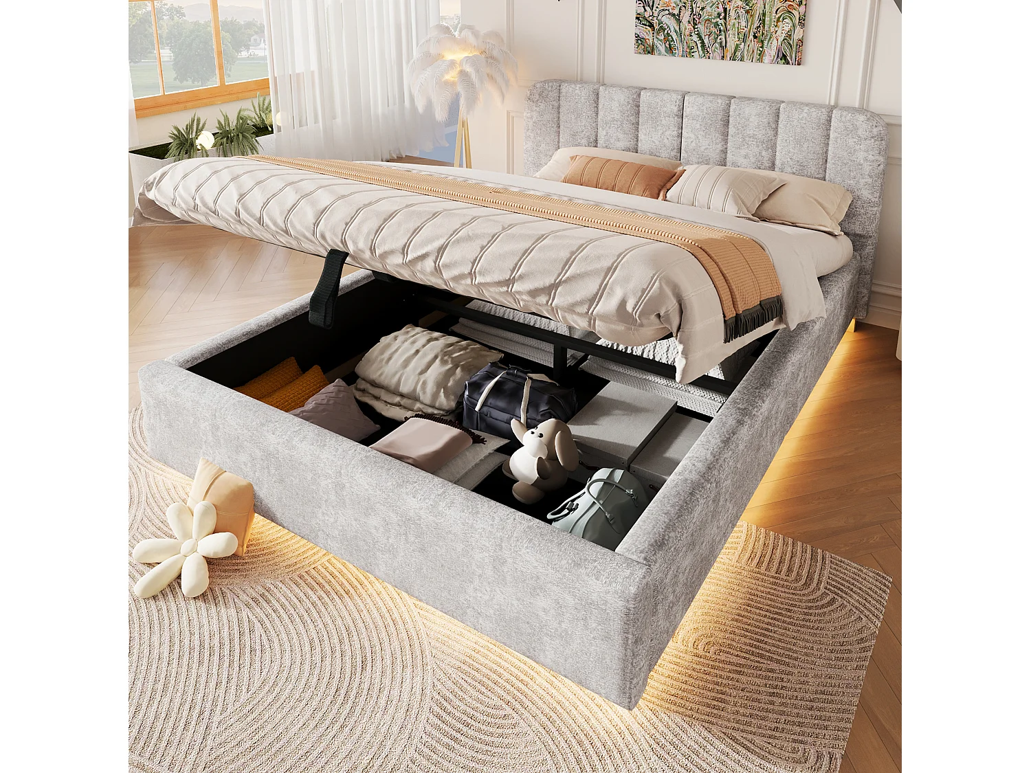 Lit coffre capitonné 140 x 200 cm - avec tête de lit capitonnée - avec bande lumineuse LED - gris clair (matelas non inclus)