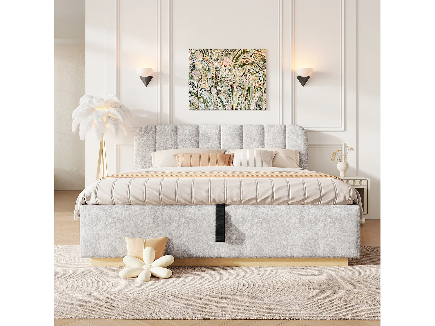 Lit coffre capitonné 140 x 200 cm - avec tête de lit capitonnée - avec bande lumineuse LED - gris clair (matelas non inclus)