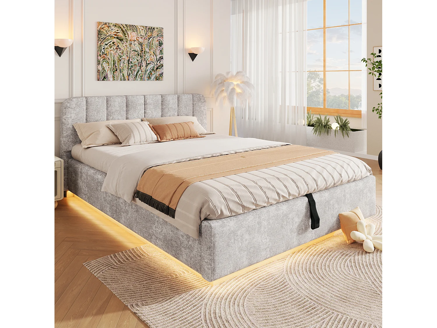 Lit coffre capitonné 140 x 200 cm - avec tête de lit capitonnée - avec bande lumineuse LED - gris clair (matelas non inclus)