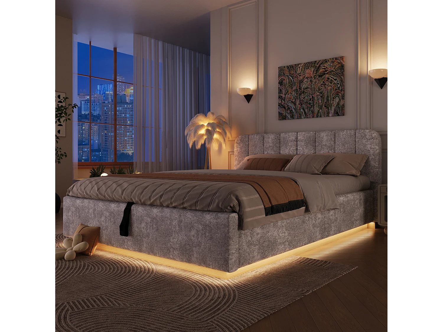 Lit coffre capitonné 140 x 200 cm - avec tête de lit capitonnée - avec bande lumineuse LED - gris clair (matelas non inclus)