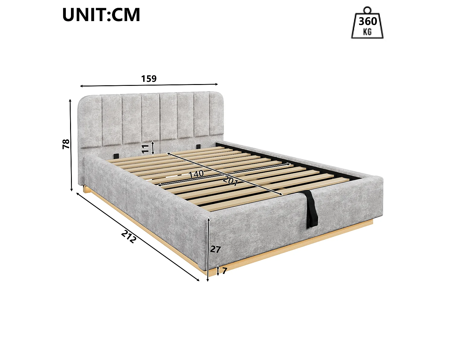 Lit coffre capitonné 140 x 200 cm - avec tête de lit capitonnée - avec bande lumineuse LED - gris clair (matelas non inclus)