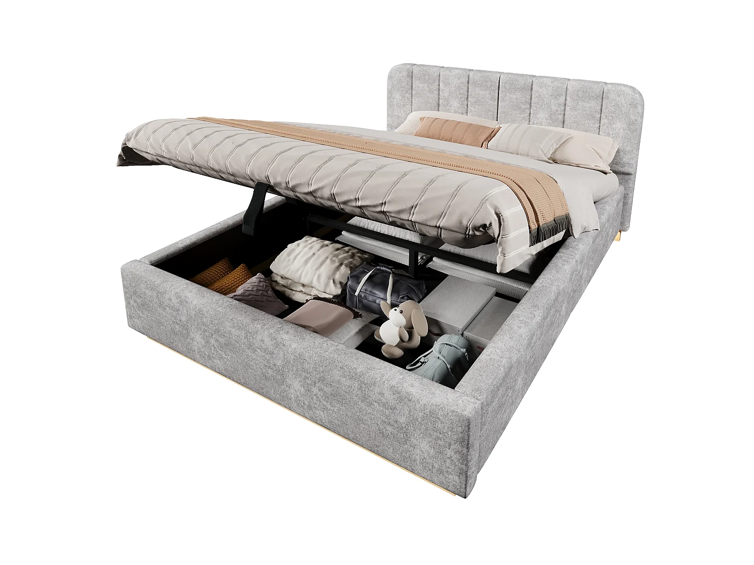 Lit coffre capitonné 140 x 200 cm - avec tête de lit capitonnée - avec bande lumineuse LED - gris clair (matelas non inclus)