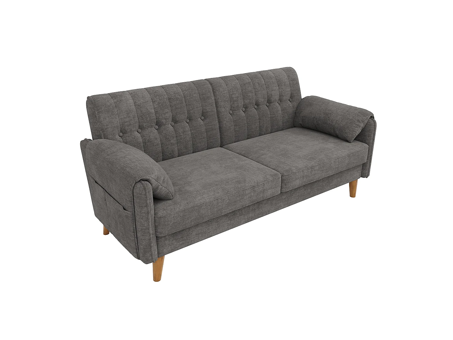 Canapé 2 places moderne - 2 coussins d'accoudoirs et poches latérales - Pieds de canapé en bois massif - Tissu chenille - Gris clair