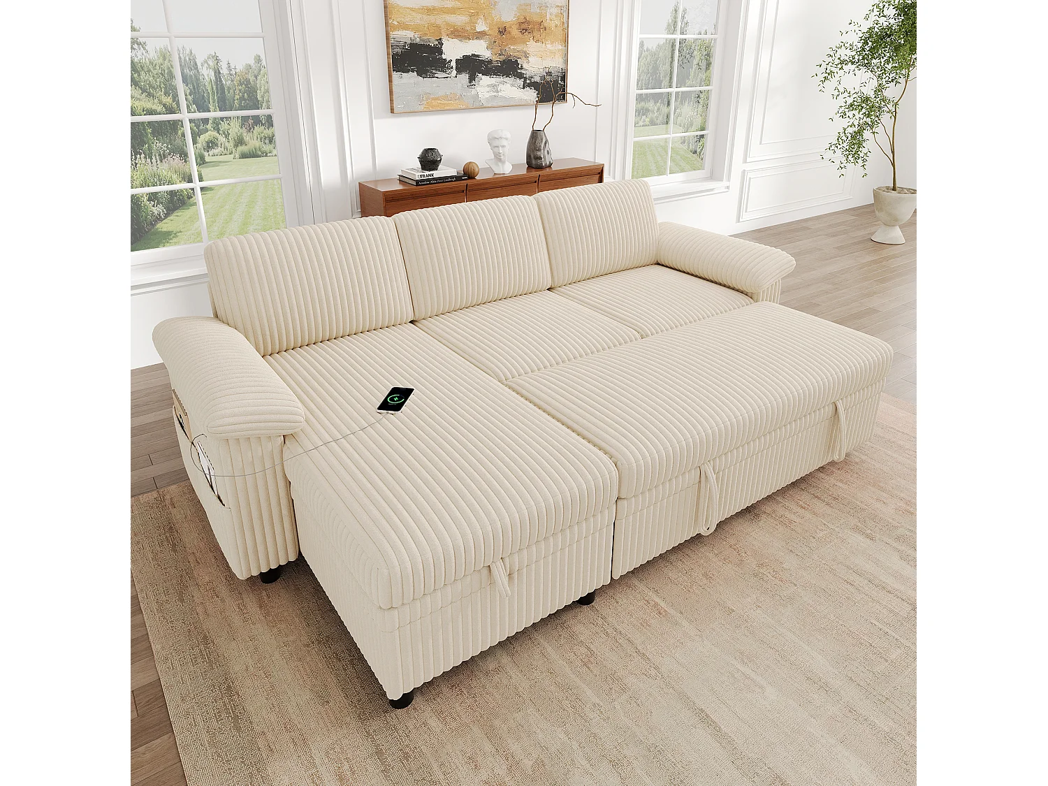 Canapé d'Angle Convertible 212x150x89cm - Canapé Réversible avec Coffre de Rangement, Ports USB/Type-C, Dossier Inclinable, Tissu Velours Côtelé - Beige