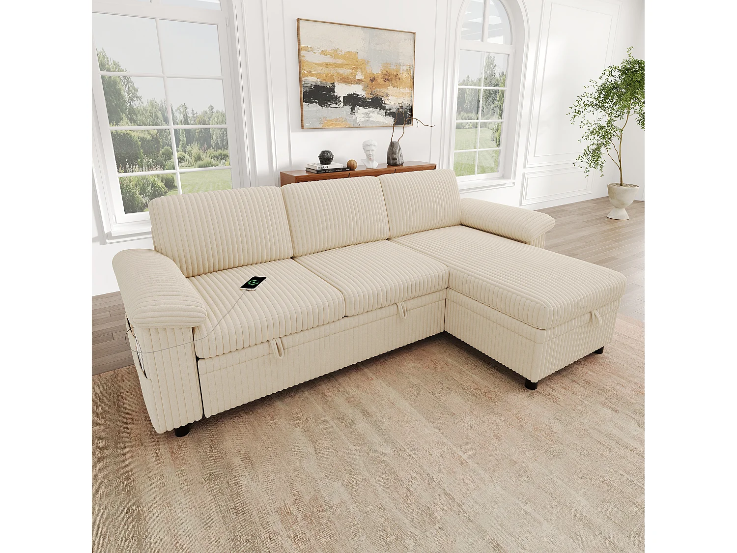 Canapé d'Angle Convertible 212x150x89cm - Canapé Réversible avec Coffre de Rangement, Ports USB/Type-C, Dossier Inclinable, Tissu Velours Côtelé - Beige