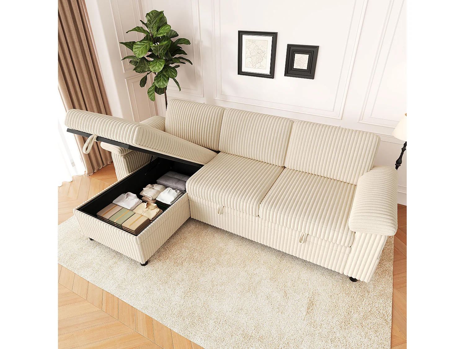 Canapé d'Angle Convertible 212x150x89cm - Canapé Réversible avec Coffre de Rangement, Ports USB/Type-C, Dossier Inclinable, Tissu Velours Côtelé - Beige
