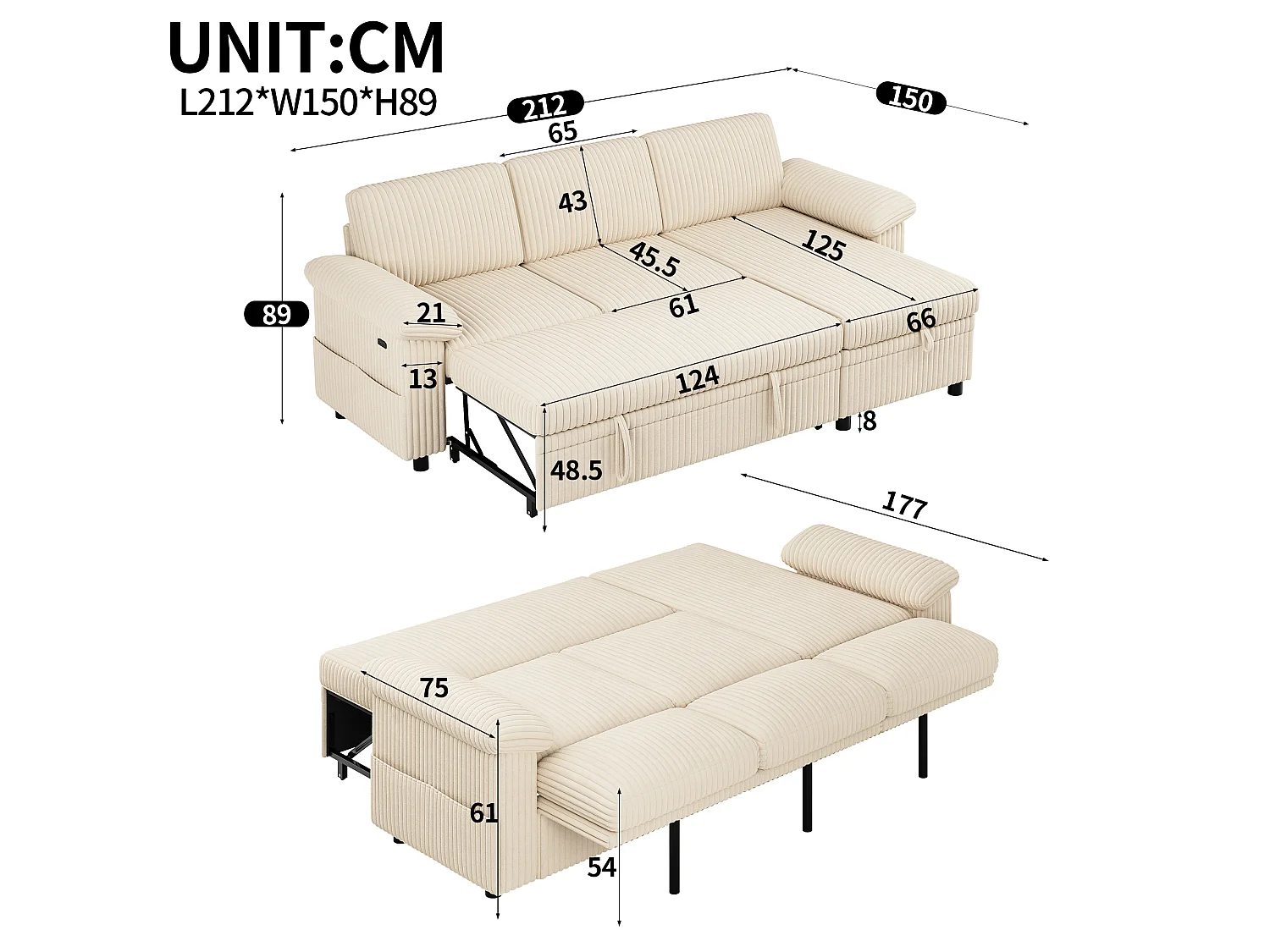 Canapé d'Angle Convertible 212x150x89cm - Canapé Réversible avec Coffre de Rangement, Ports USB/Type-C, Dossier Inclinable, Tissu Velours Côtelé - Beige