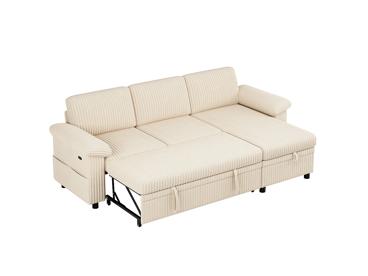 Canapé d'Angle Convertible 212x150x89cm - Canapé Réversible avec Coffre de Rangement, Ports USB/Type-C, Dossier Inclinable, Tissu Velours Côtelé - Beige