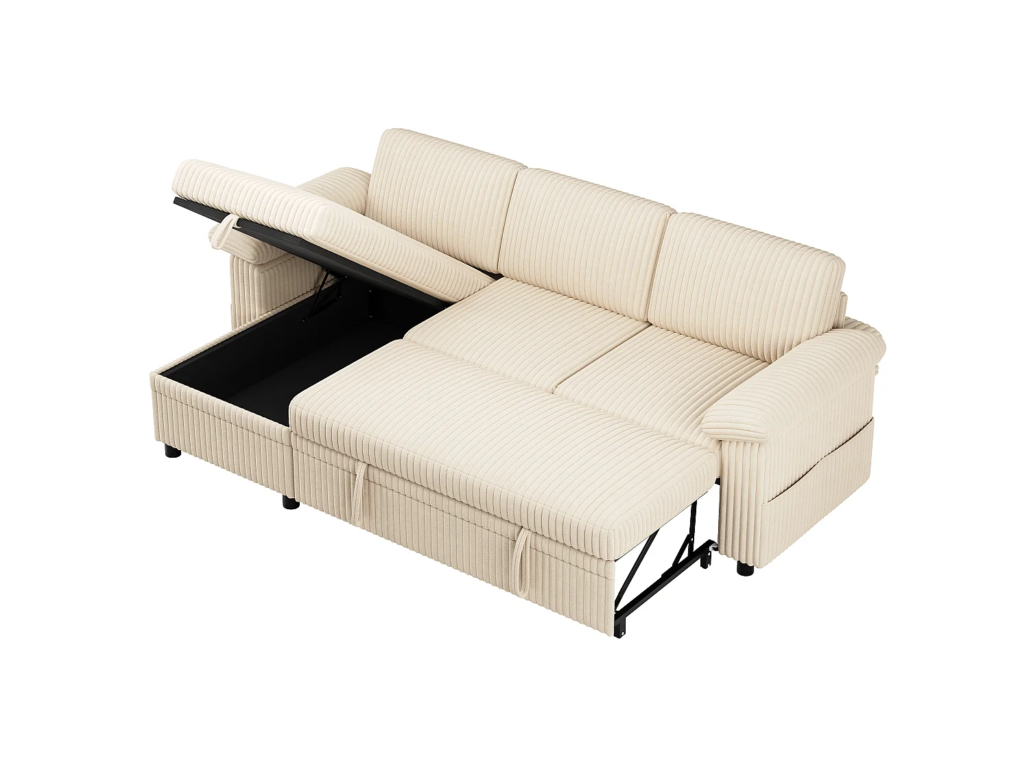 Canapé d'Angle Convertible 212x150x89cm - Canapé Réversible avec Coffre de Rangement, Ports USB/Type-C, Dossier Inclinable, Tissu Velours Côtelé - Beige