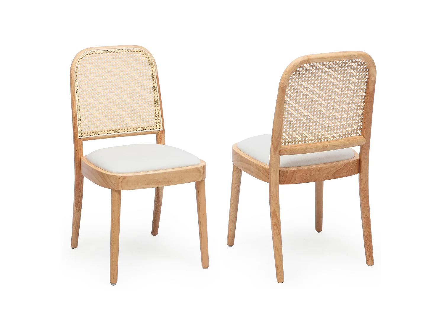 Lot de 2 chaises de salle à manger en bois massif - Dossier en résine tressée - Revêtement en lin - Naturel
