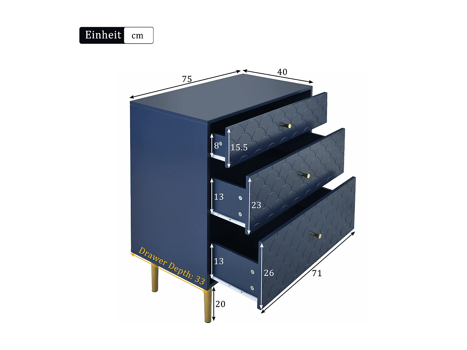 Cassettiera a 3 cassetti - 75 x 40 x 89 cm - Truciolato + gambe in metallo - Blu navy