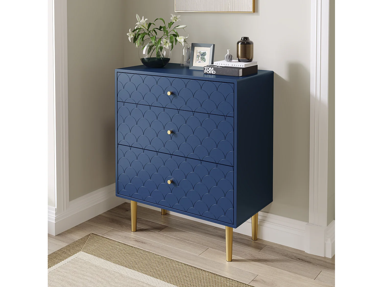 Cassettiera a 3 cassetti - 75 x 40 x 89 cm - Truciolato + gambe in metallo - Blu navy