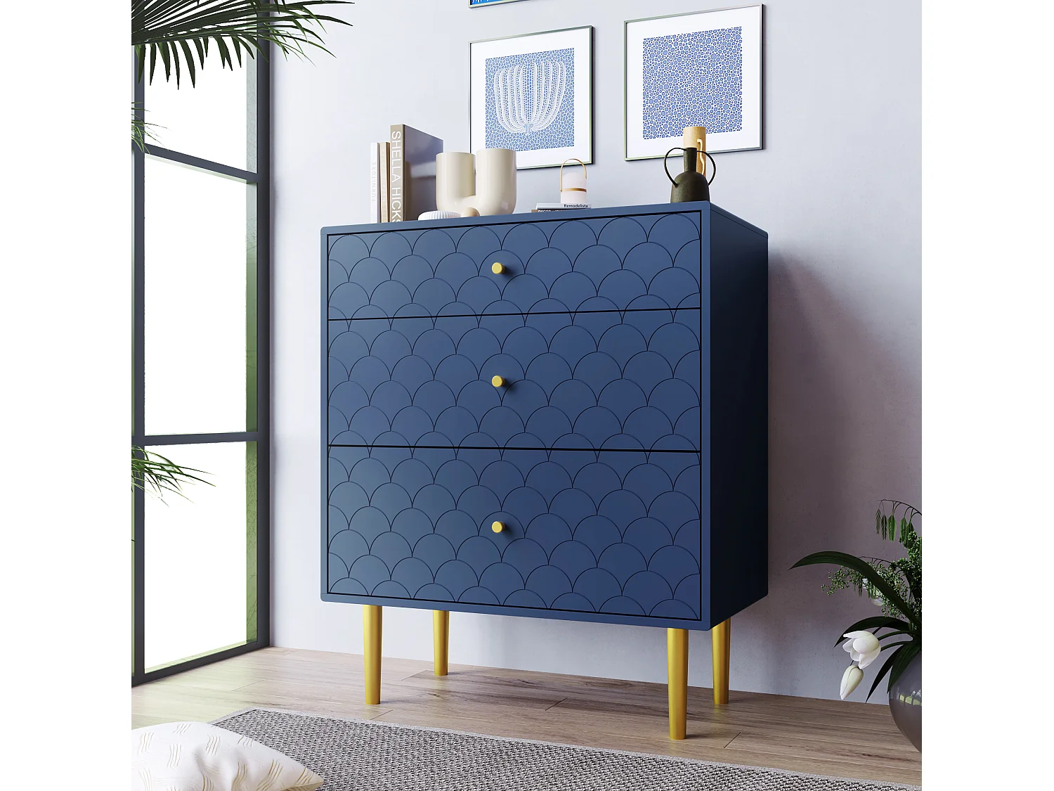 Cassettiera a 3 cassetti - 75 x 40 x 89 cm - Truciolato + gambe in metallo - Blu navy