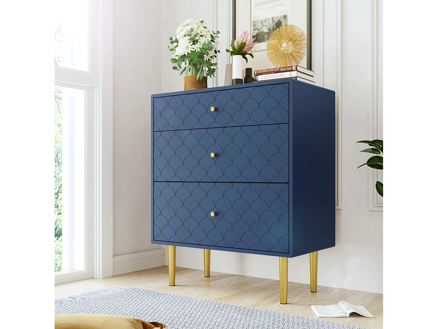 Cassettiera a 3 cassetti - 75 x 40 x 89 cm - Truciolato + gambe in metallo - Blu navy