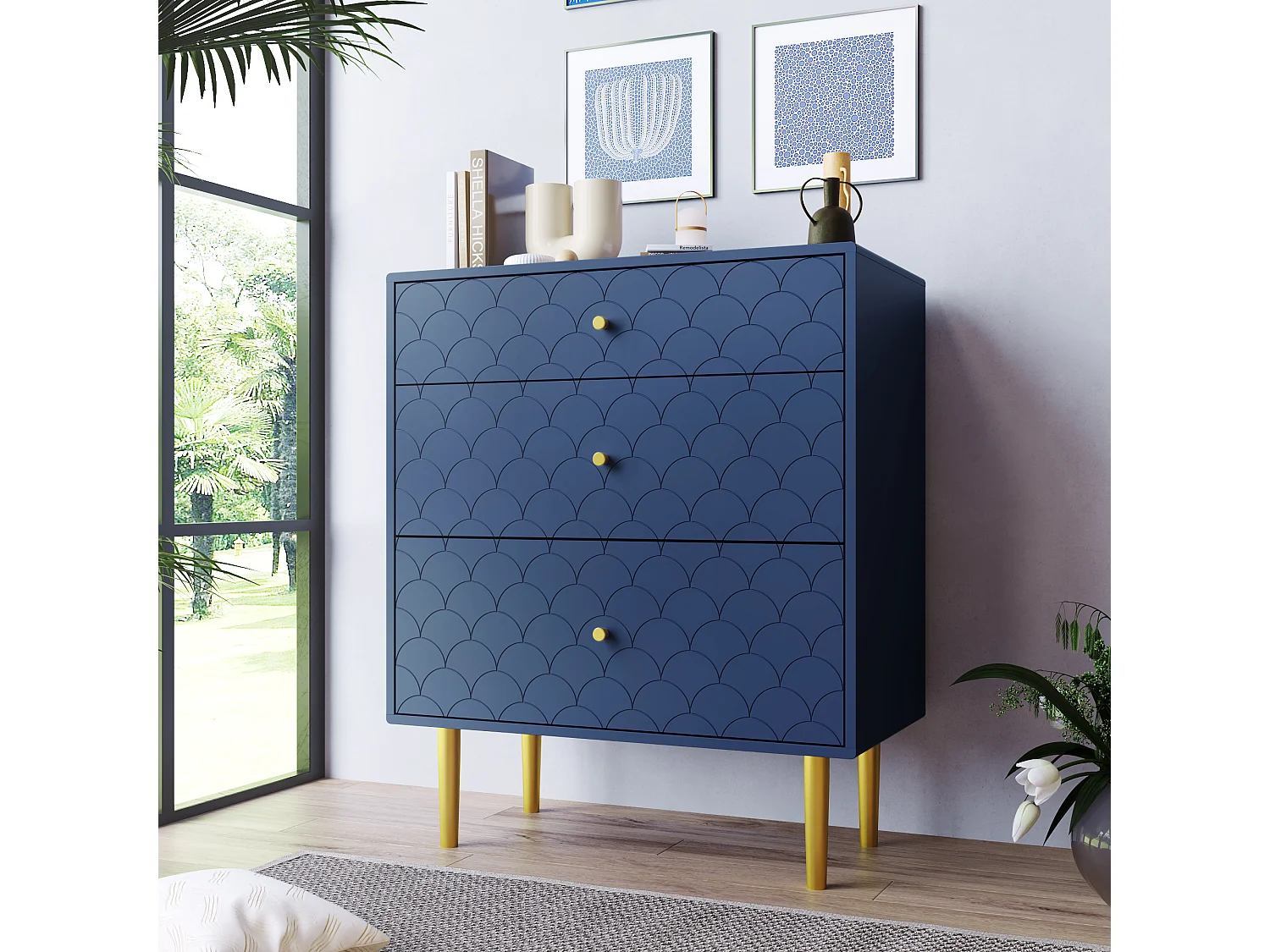 Cassettiera a 3 cassetti - 75 x 40 x 89 cm - Truciolato + gambe in metallo - Blu navy
