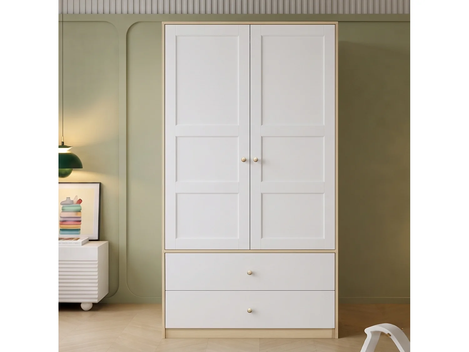 Armoire avec 2 portes 100 x 48 x 180 cm - Avec 2 tiroirs et penderie - Meuble de chambre - MDF - Naturel+blanc