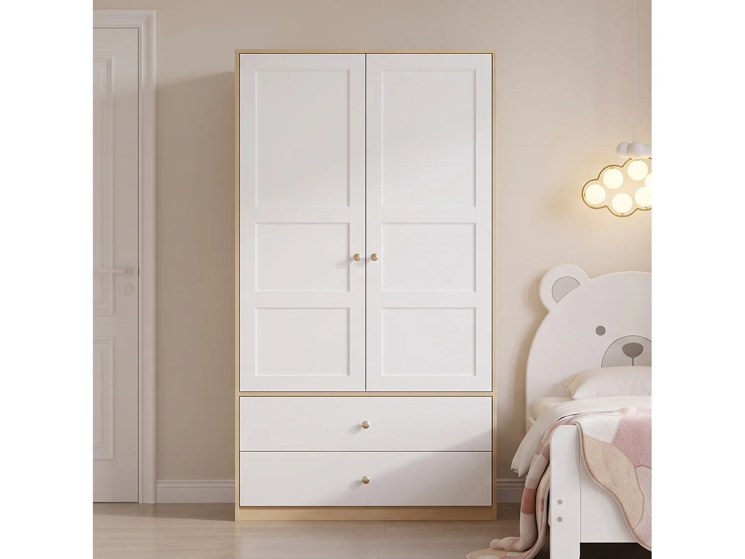Armoire avec 2 portes 100 x 48 x 180 cm - Avec 2 tiroirs et penderie - Meuble de chambre - MDF - Naturel+blanc