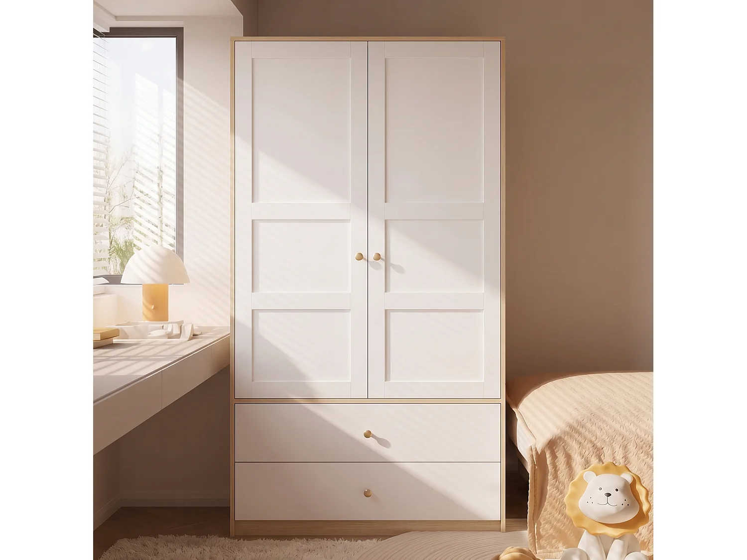Armoire avec 2 portes 100 x 48 x 180 cm - Avec 2 tiroirs et penderie - Meuble de chambre - MDF - Naturel+blanc