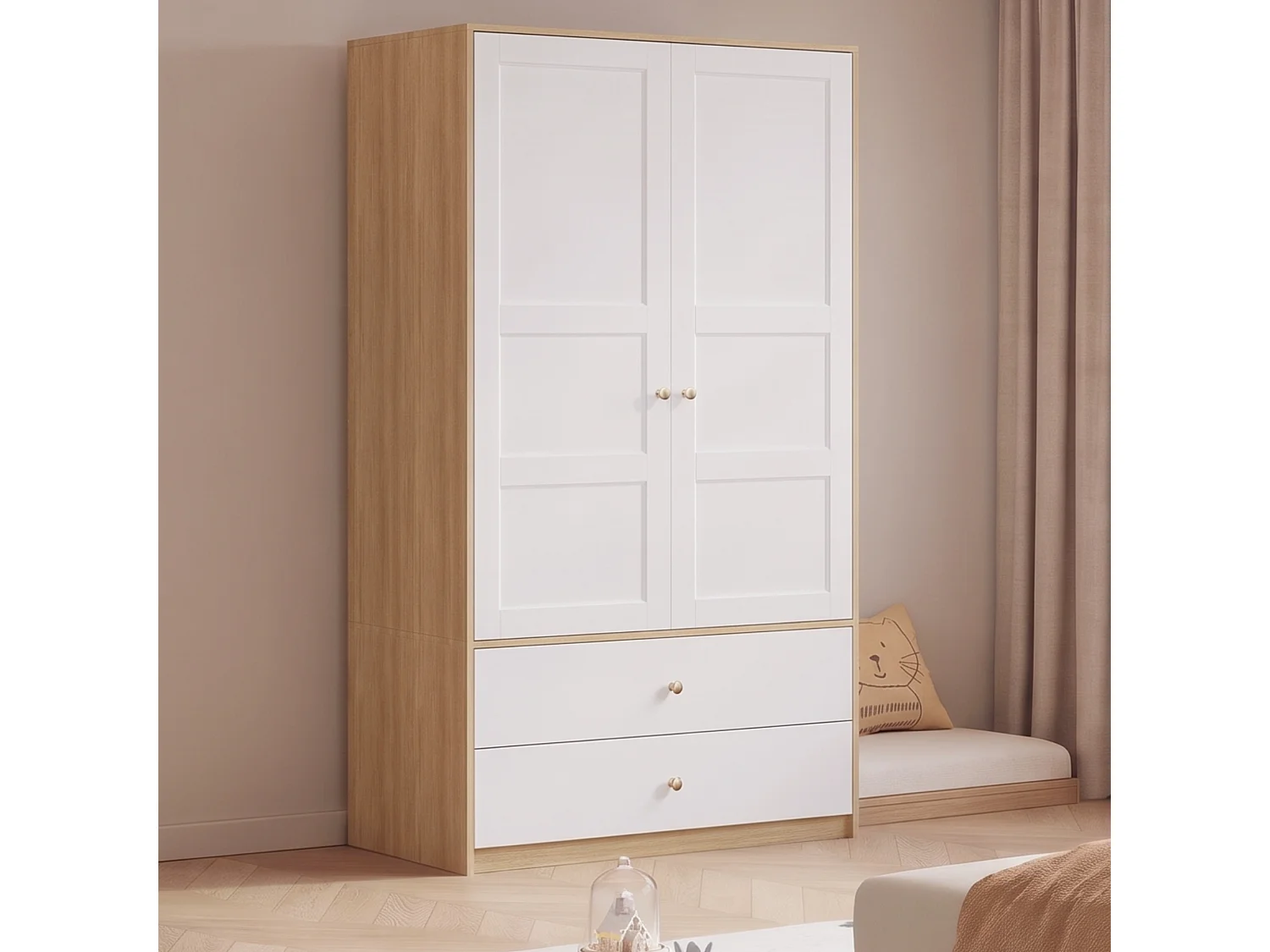 Armoire avec 2 portes 100 x 48 x 180 cm - Avec 2 tiroirs et penderie - Meuble de chambre - MDF - Naturel+blanc