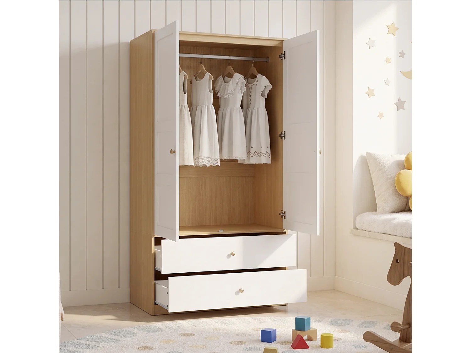 Armoire avec 2 portes 100 x 48 x 180 cm - Avec 2 tiroirs et penderie - Meuble de chambre - MDF - Naturel+blanc