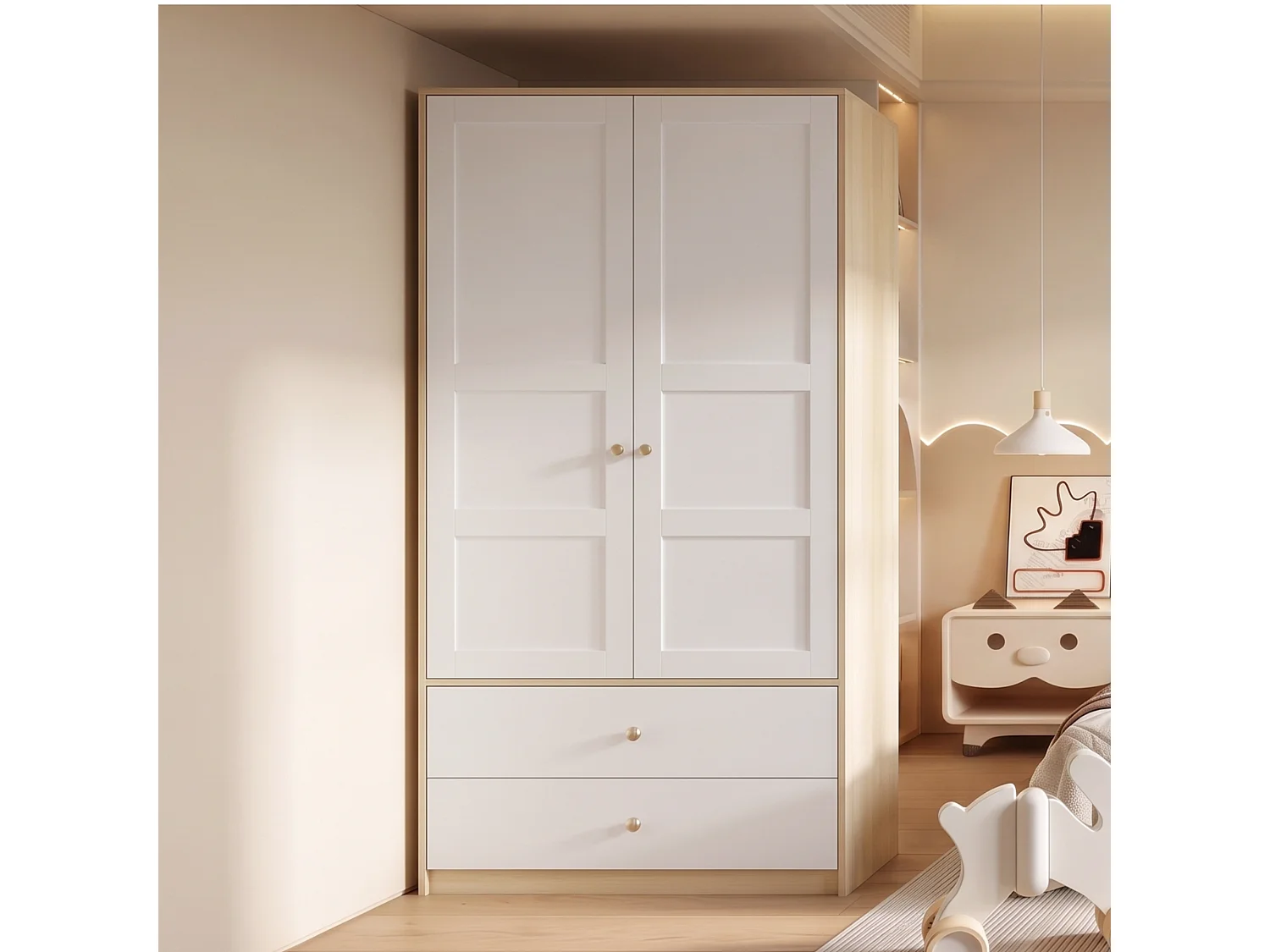 Armoire avec 2 portes 100 x 48 x 180 cm - Avec 2 tiroirs et penderie - Meuble de chambre - MDF - Naturel+blanc