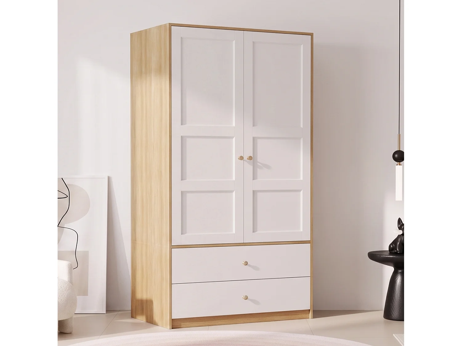 Armoire avec 2 portes 100 x 48 x 180 cm - Avec 2 tiroirs et penderie - Meuble de chambre - MDF - Naturel+blanc