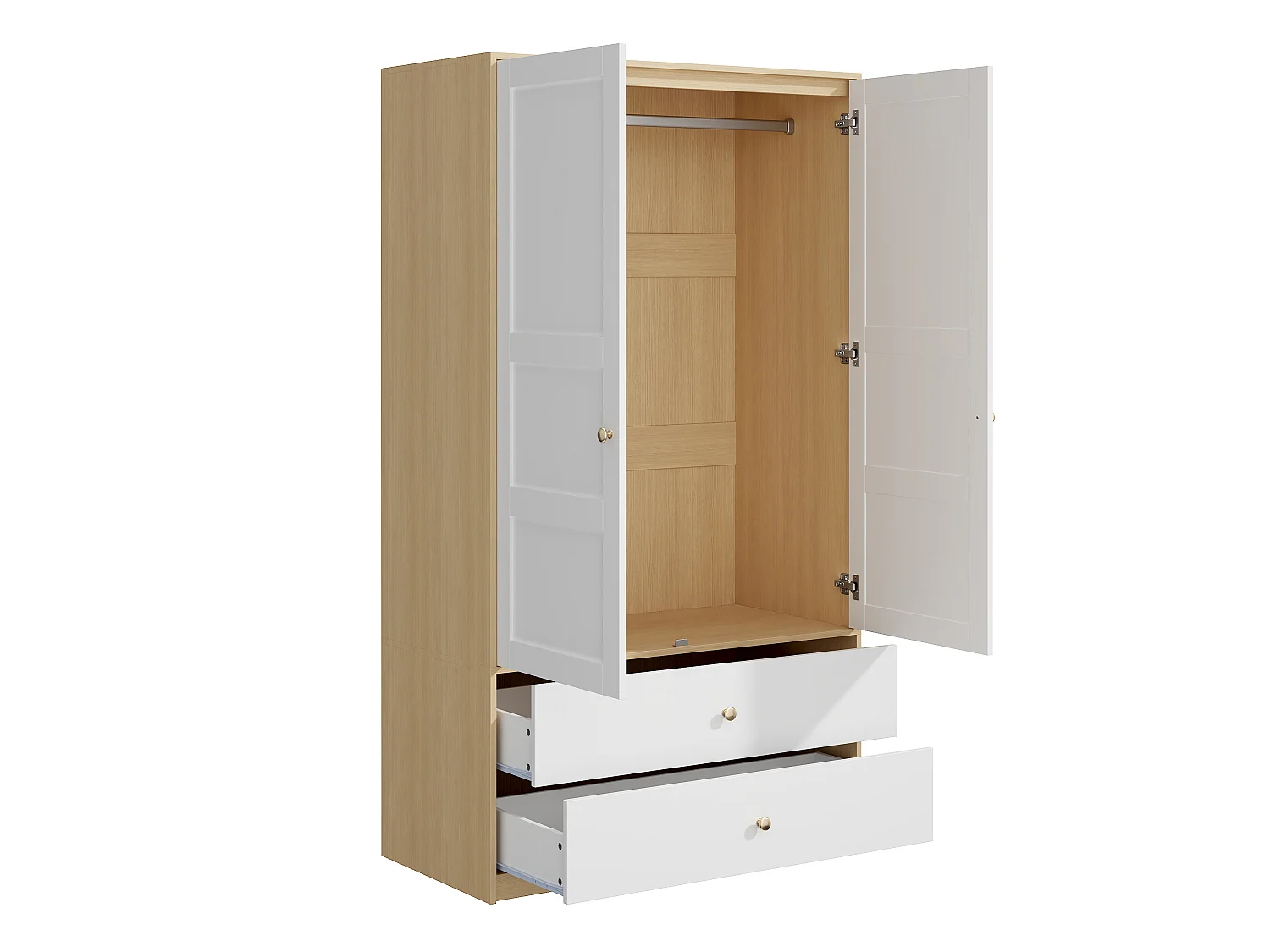 Armoire avec 2 portes 100 x 48 x 180 cm - Avec 2 tiroirs et penderie - Meuble de chambre - MDF - Naturel+blanc