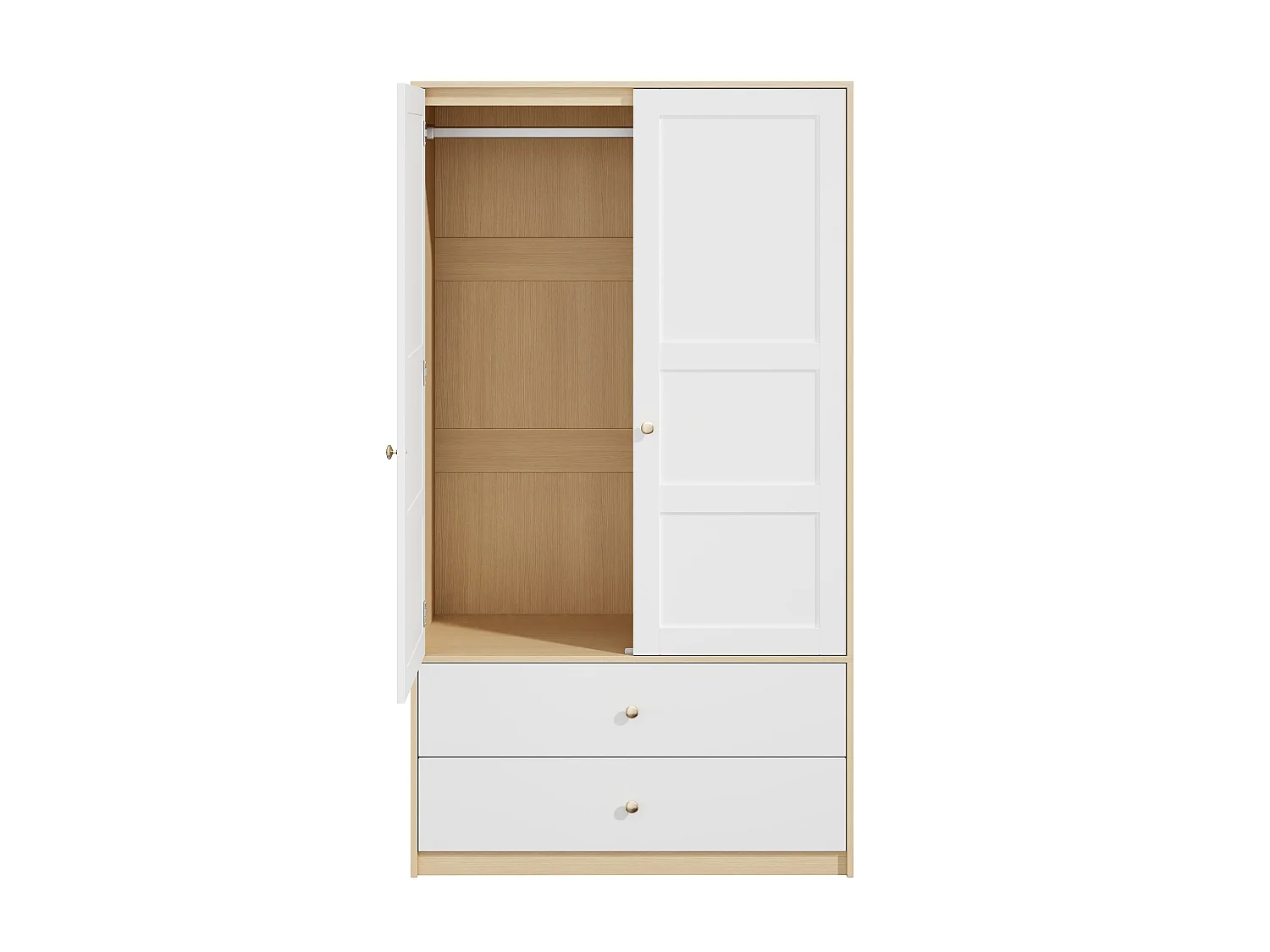 Armoire avec 2 portes 100 x 48 x 180 cm - Avec 2 tiroirs et penderie - Meuble de chambre - MDF - Naturel+blanc