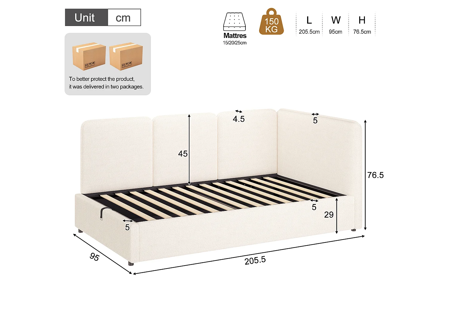 Lit coffre enfant 90 x 200 cm avec rangement hydraulique et panneaux latéraux réversibles - Bouclé - Beige (Sans matelas)