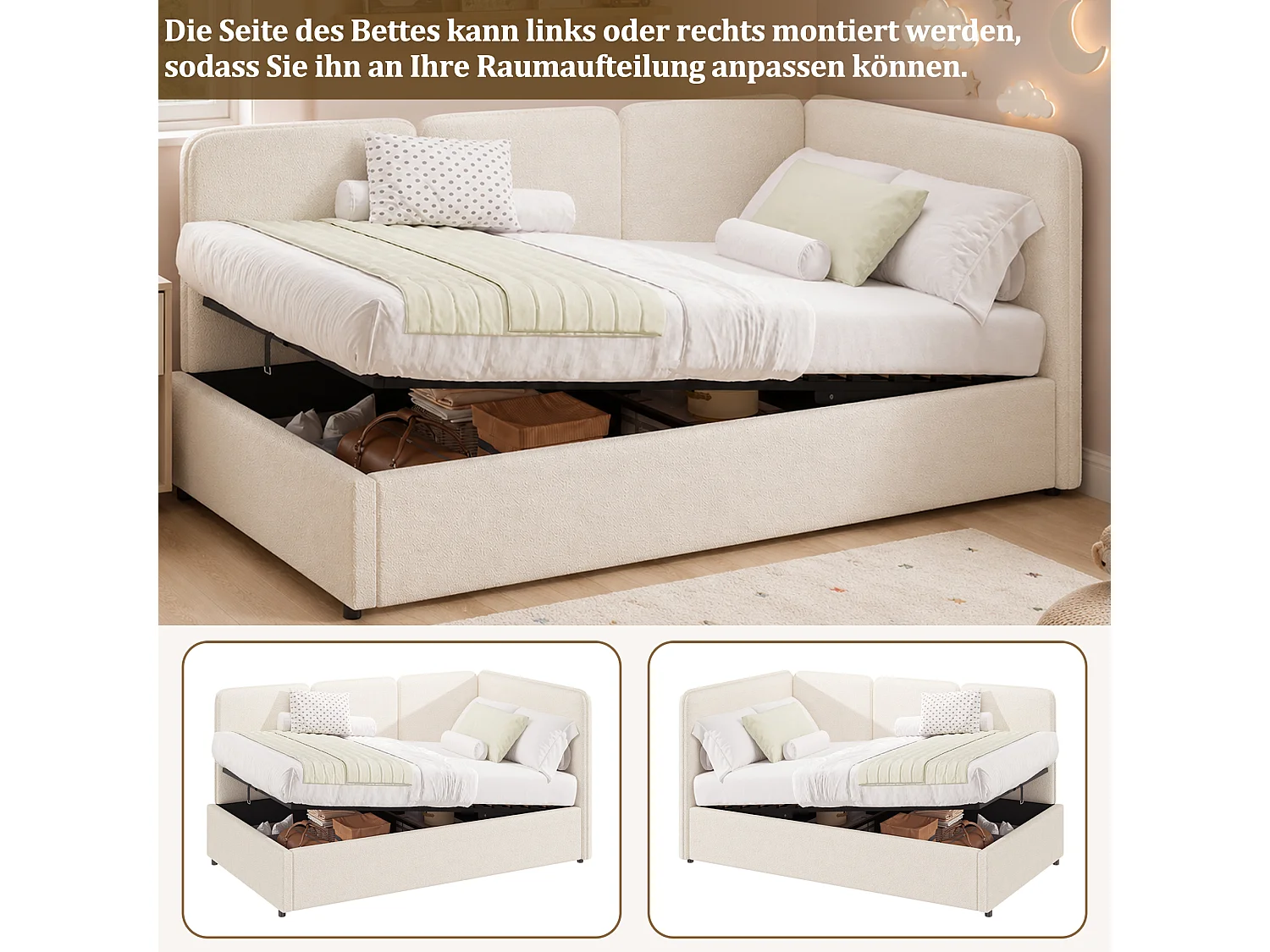 Lit coffre enfant 90 x 200 cm avec rangement hydraulique et panneaux latéraux réversibles - Bouclé - Beige (Sans matelas)