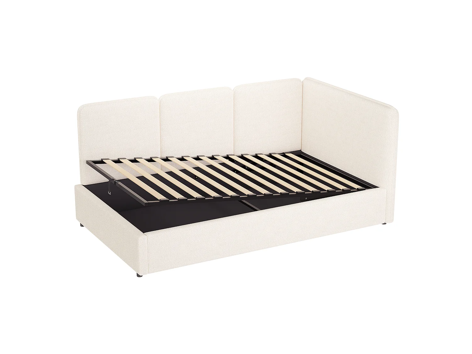 Lit coffre enfant 90 x 200 cm avec rangement hydraulique et panneaux latéraux réversibles - Bouclé - Beige (Sans matelas)