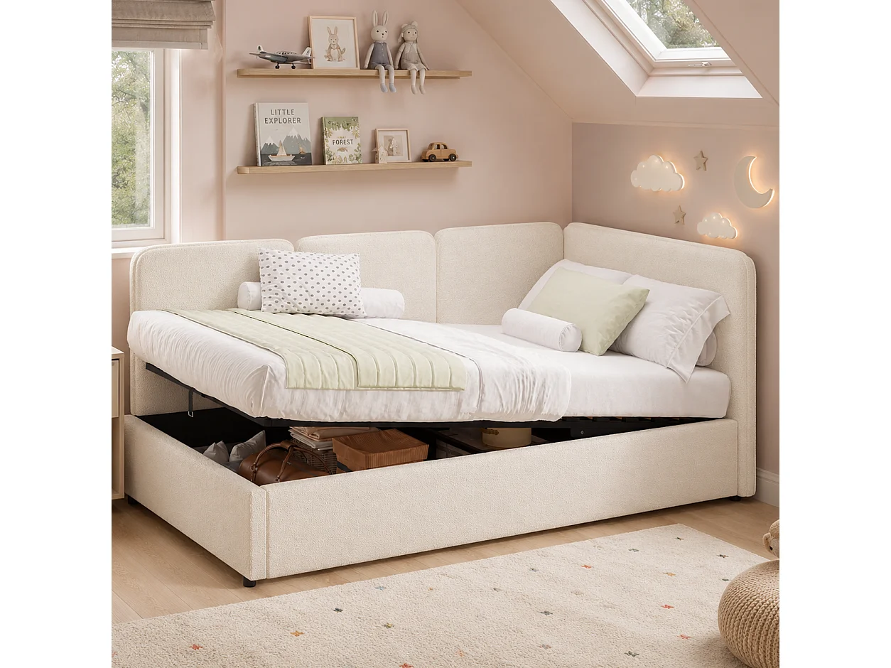 Lit coffre enfant 90 x 200 cm avec rangement hydraulique et panneaux latéraux réversibles - Bouclé - Beige (Sans matelas)