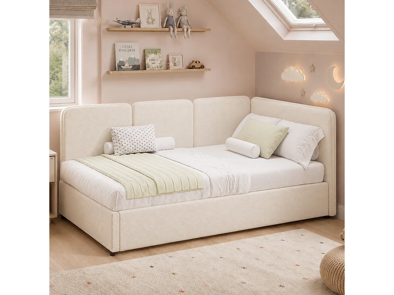Lit coffre enfant 90 x 200 cm avec rangement hydraulique et panneaux latéraux réversibles - Bouclé - Beige (Sans matelas)