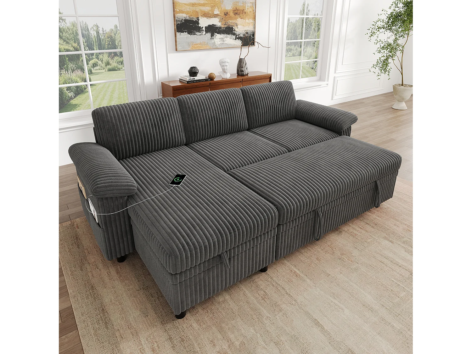 Canapé d'Angle Convertible 212x150x89cm - Canapé Réversible avec Coffre de Rangement, Ports USB/Type-C, Dossier Inclinable, Tissu Velours Côtelé - Gris