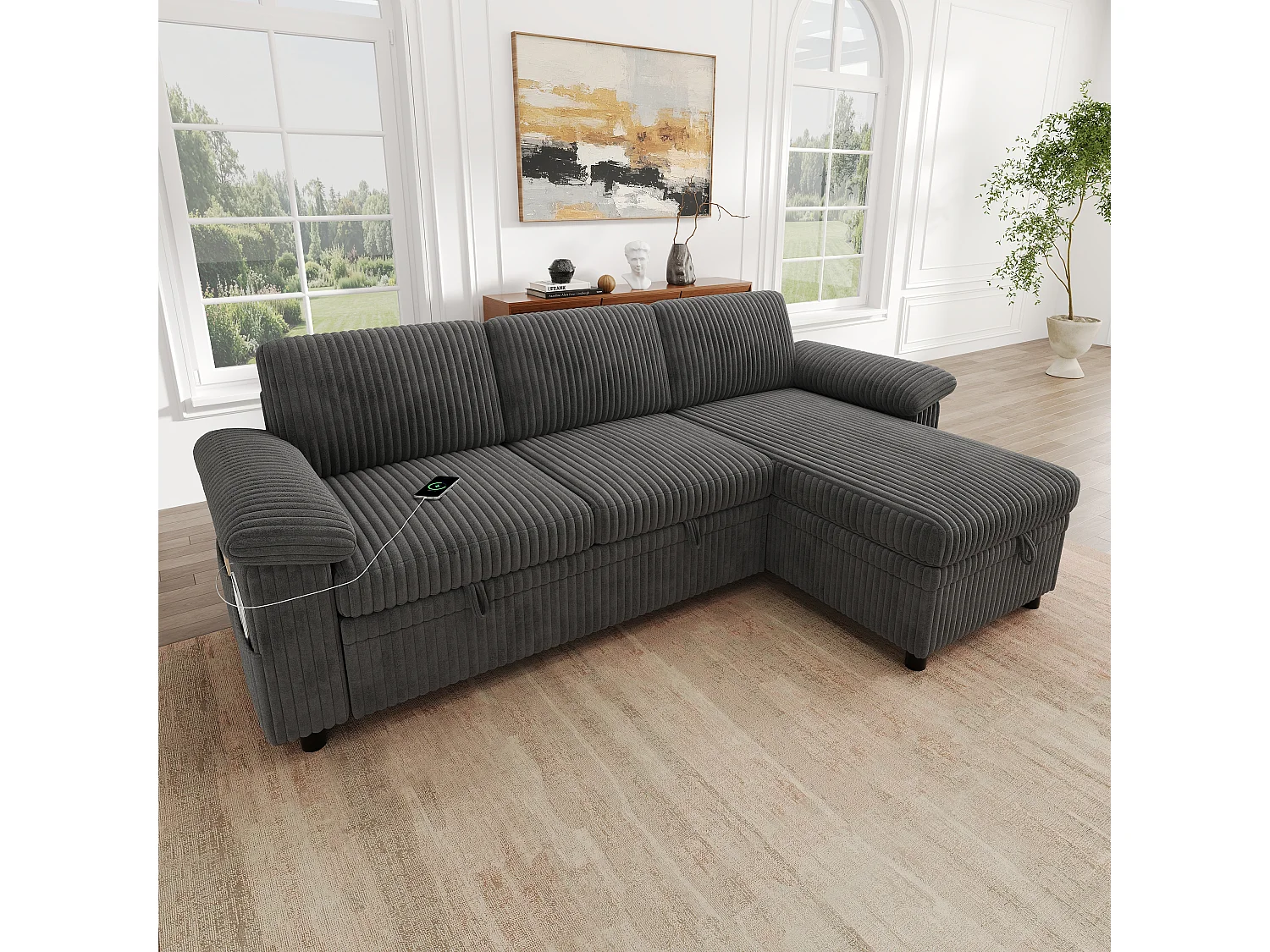 Canapé d'Angle Convertible 212x150x89cm - Canapé Réversible avec Coffre de Rangement, Ports USB/Type-C, Dossier Inclinable, Tissu Velours Côtelé - Gris