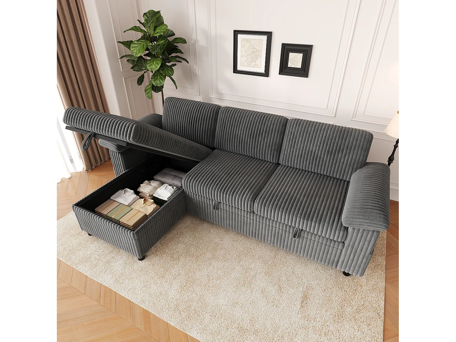 Canapé d'Angle Convertible 212x150x89cm - Canapé Réversible avec Coffre de Rangement, Ports USB/Type-C, Dossier Inclinable, Tissu Velours Côtelé - Gris