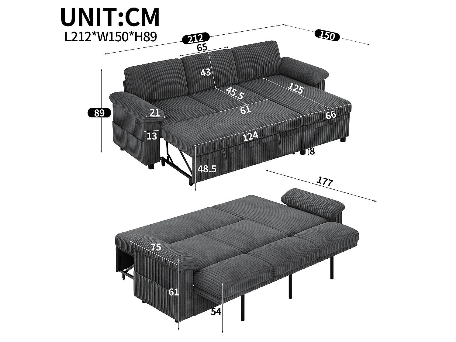 Canapé d'Angle Convertible 212x150x89cm - Canapé Réversible avec Coffre de Rangement, Ports USB/Type-C, Dossier Inclinable, Tissu Velours Côtelé - Gris