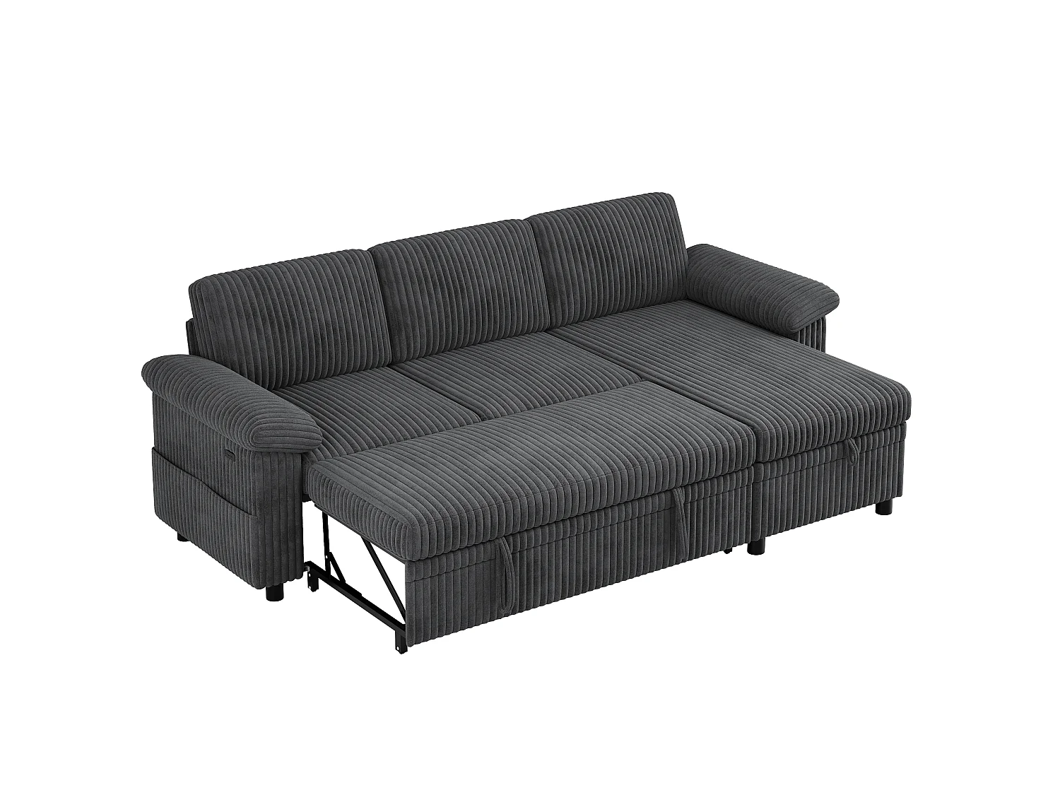 Canapé d'Angle Convertible 212x150x89cm - Canapé Réversible avec Coffre de Rangement, Ports USB/Type-C, Dossier Inclinable, Tissu Velours Côtelé - Gris