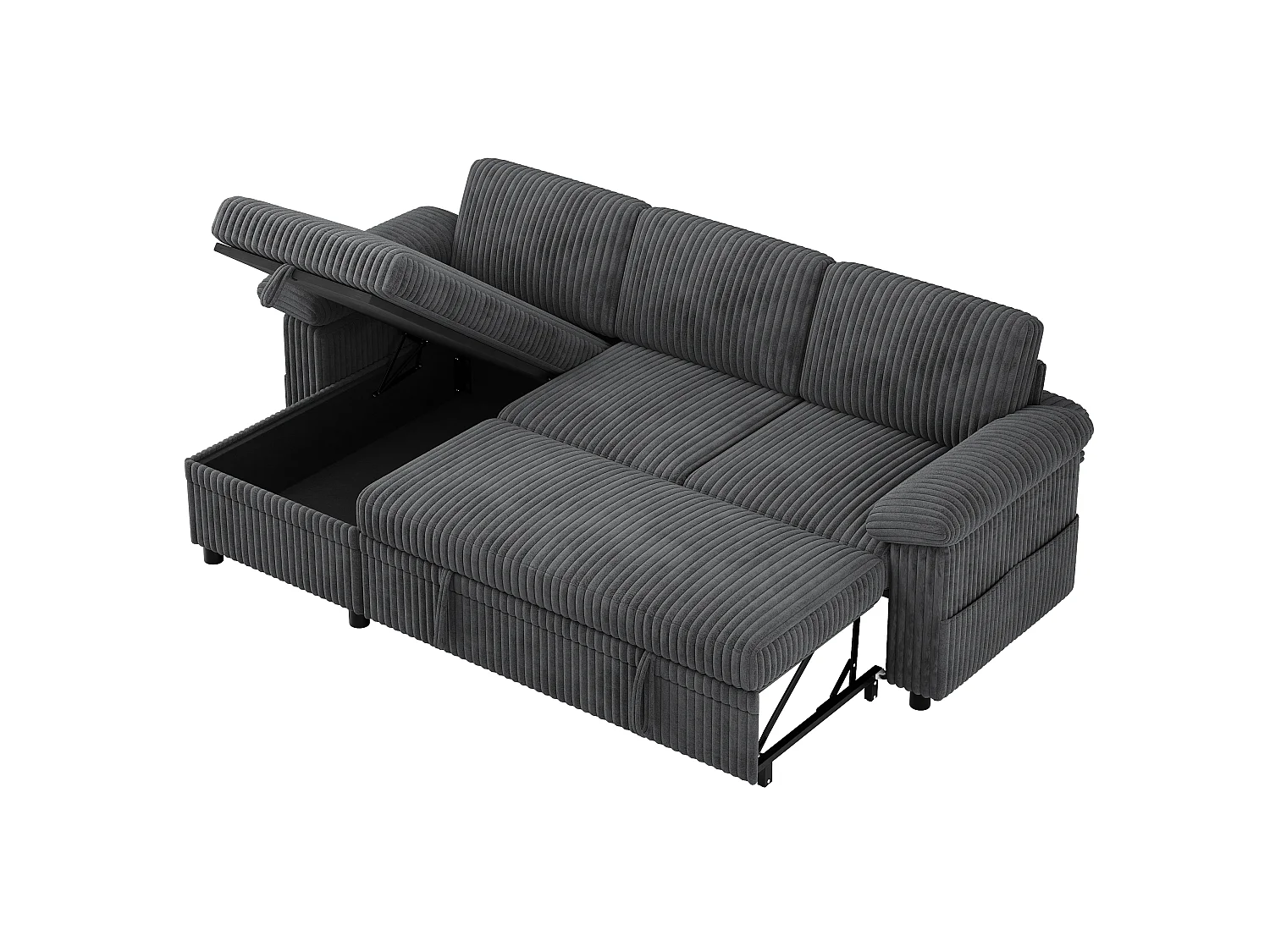 Canapé d'Angle Convertible 212x150x89cm - Canapé Réversible avec Coffre de Rangement, Ports USB/Type-C, Dossier Inclinable, Tissu Velours Côtelé - Gris