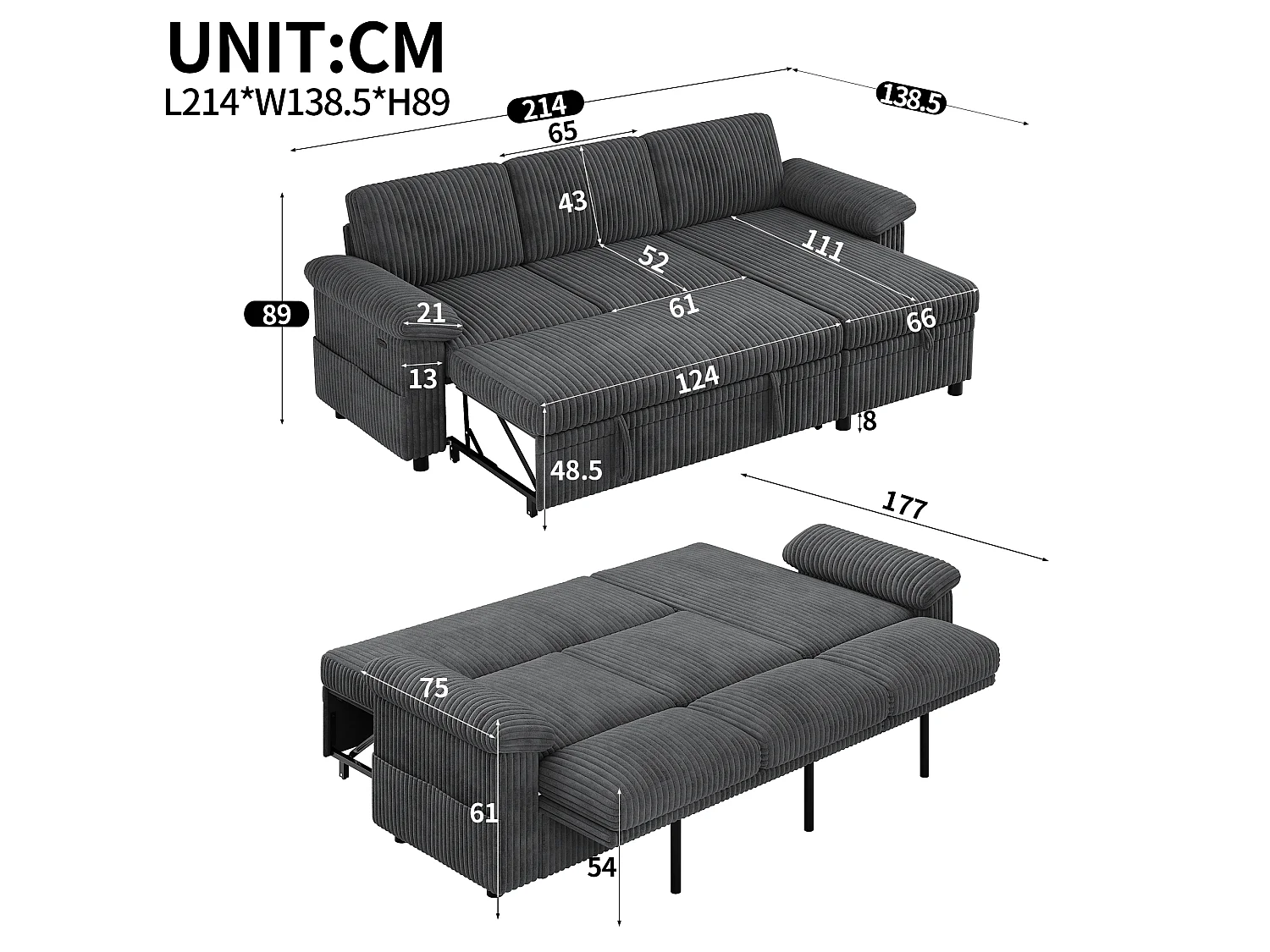 Canapé d'Angle Convertible - Canapé Réversible avec Coffre de Rangement, Ports USB/Type-C, Dossier Inclinable, Tissu Velours Côtelé - Gris