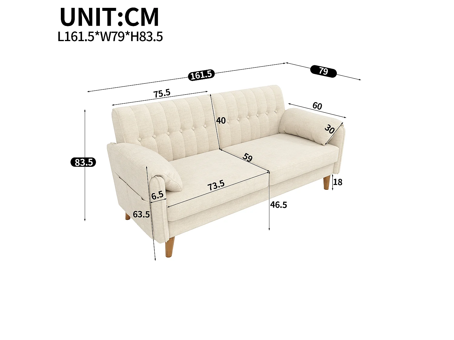Canapé 2 places moderne - 2 coussins d'accoudoirs et poches latérales - Pieds de canapé en bois massif - Tissu chenille - Beige