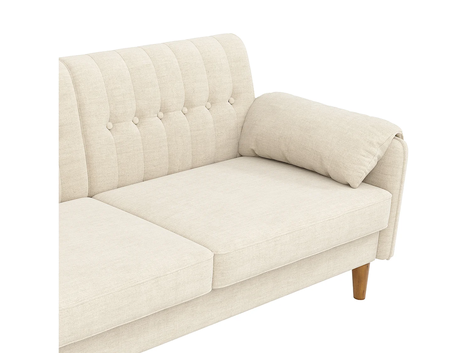 Canapé 2 places moderne - 2 coussins d'accoudoirs et poches latérales - Pieds de canapé en bois massif - Tissu chenille - Beige