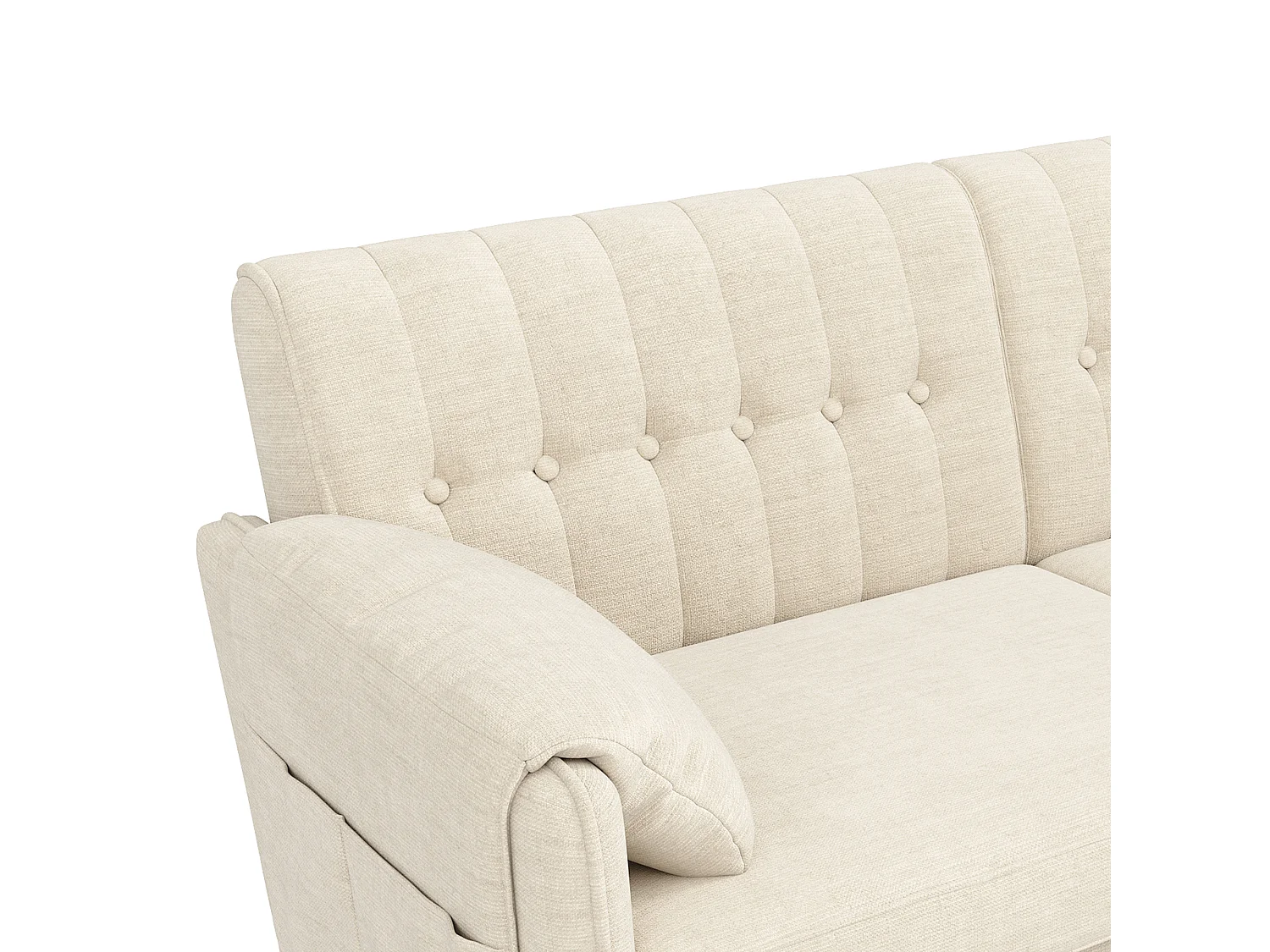 Canapé 2 places moderne - 2 coussins d'accoudoirs et poches latérales - Pieds de canapé en bois massif - Tissu chenille - Beige