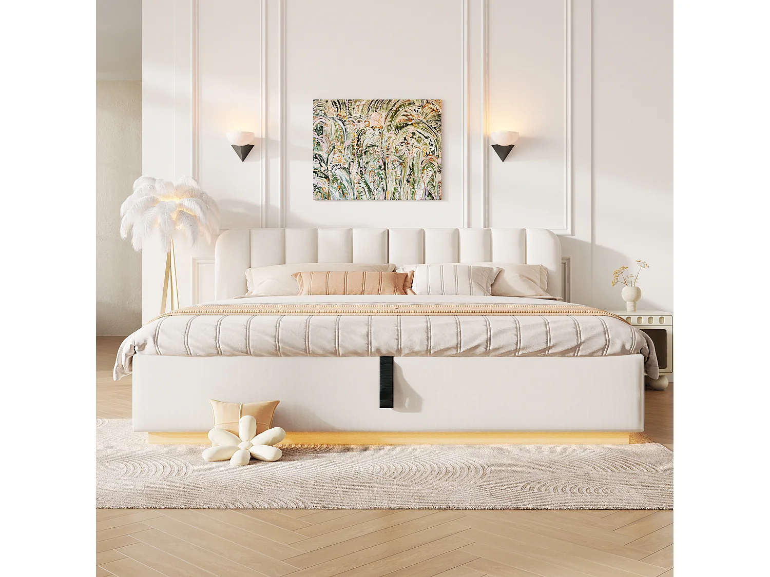 Lit coffre capitonné 180 x 200 cm - avec tête de lit capitonnée - avec bande lumineuse LED - beige (matelas non inclus)