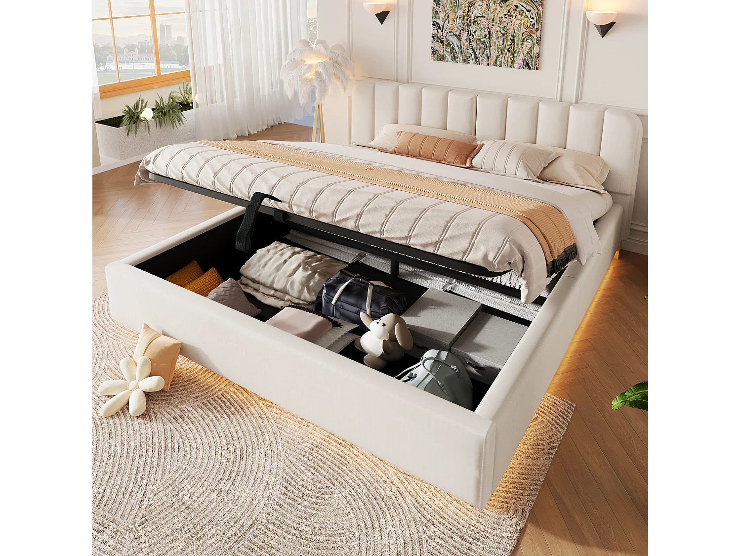 Lit coffre capitonné 180 x 200 cm - avec tête de lit capitonnée - avec bande lumineuse LED - beige (matelas non inclus)