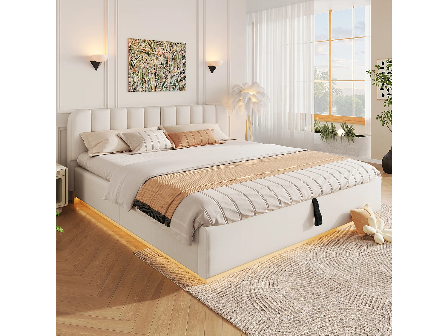Lit coffre capitonné 180 x 200 cm - avec tête de lit capitonnée - avec bande lumineuse LED - beige (matelas non inclus)