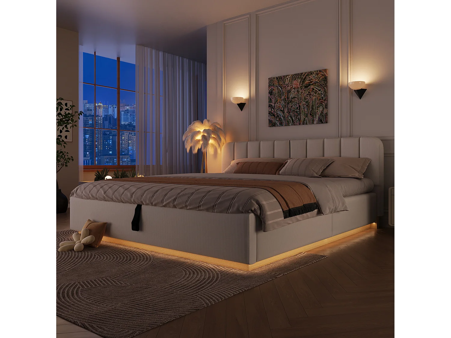 Lit coffre capitonné 180 x 200 cm - avec tête de lit capitonnée - avec bande lumineuse LED - beige (matelas non inclus)