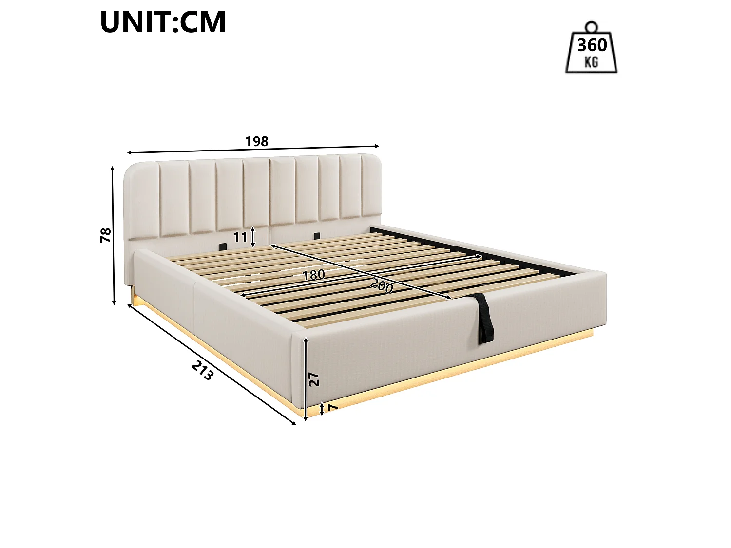 Lit coffre capitonné 180 x 200 cm - avec tête de lit capitonnée - avec bande lumineuse LED - beige (matelas non inclus)