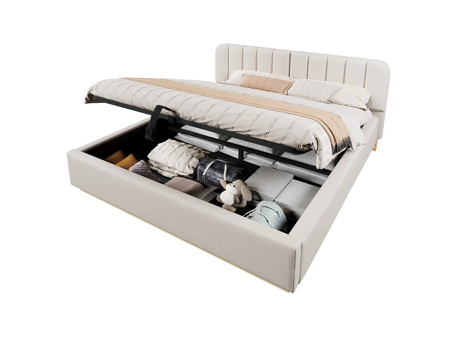 Lit coffre capitonné 180 x 200 cm - avec tête de lit capitonnée - avec bande lumineuse LED - beige (matelas non inclus)