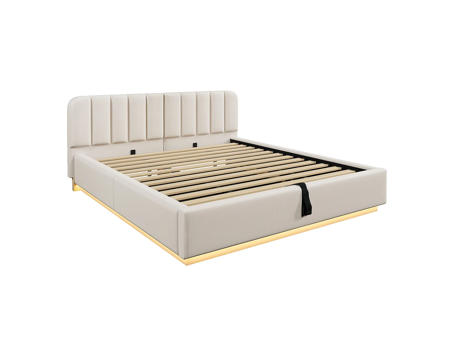 Lit coffre capitonné 180 x 200 cm - avec tête de lit capitonnée - avec bande lumineuse LED - beige (matelas non inclus)